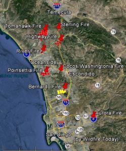 Here's a map of the 8 fires in San Diego's North County yesterday. Image courtesy of WIldfire Today.